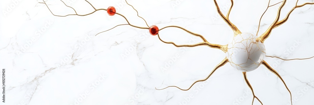 Poster abstract image of a golden nerve branch structure with red nodes on a white marble background. this 