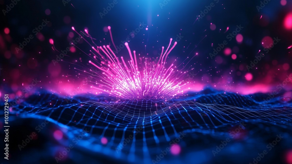 Poster abstract neon background with pink and blue fireworks exploding over a digital grid, symbolizing tec