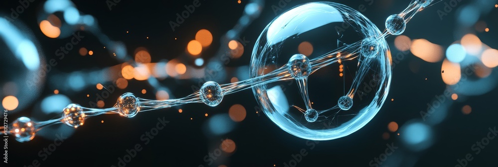 Poster abstract representation of nanotechnology with interconnected spheres, symbolizing innovation, scien