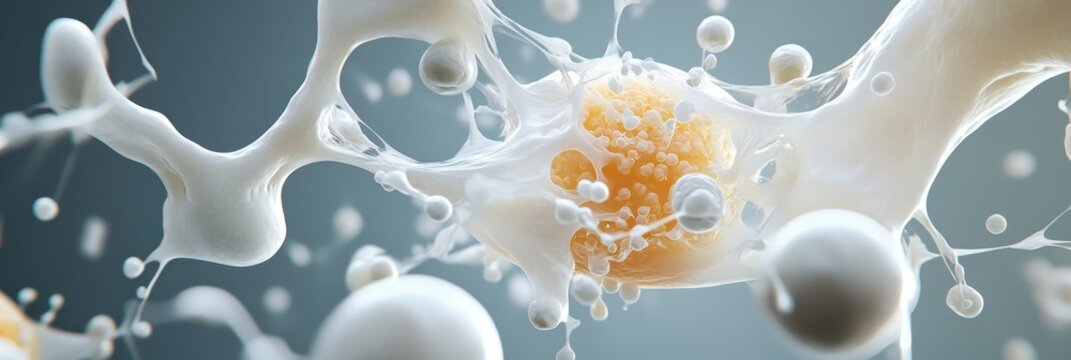 Abstract microscopic view of white cells, resembling a delicate, splatter-like explosion, with a prominent orange center symbolizing the core of a cell, showcasing the beauty and complexity of cellula