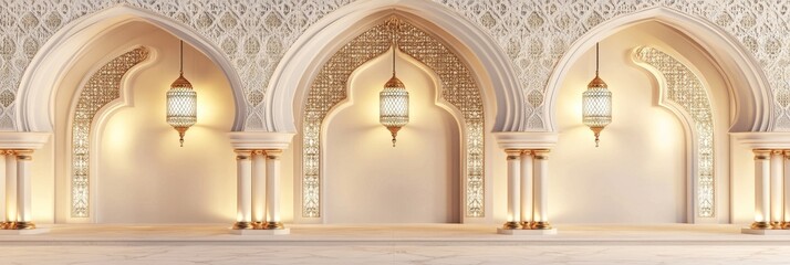 Fototapeta premium An elegant and ornate Islamic archway adorned with intricate details and glowing lanterns, evoking a sense of spirituality, tradition, and beauty. The archway's symmetry, craftsmanship, and warm light