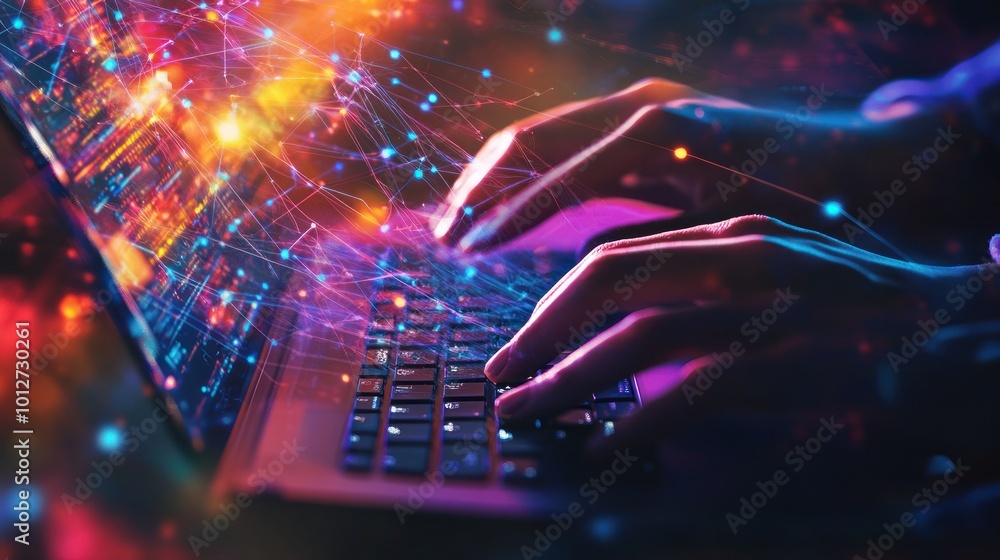 Poster typing on a laptop with a digital network of lines