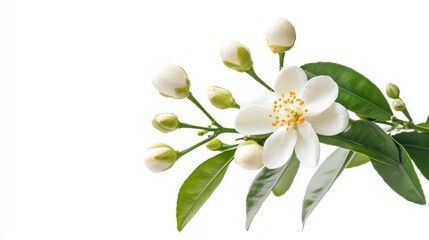 Fototapeta premium Blooming White Orange Blossom Flowers and Buds, a delicate sprig with green leaves, symbolizing purity, freshness, spring, new beginnings, and hope.