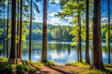 Obraz premium Forest with trees and a background lake in summer, with blurred tree depth of field