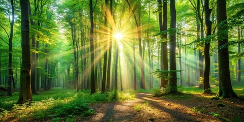 Fototapeta premium Forest with sunlight shining through the leaves