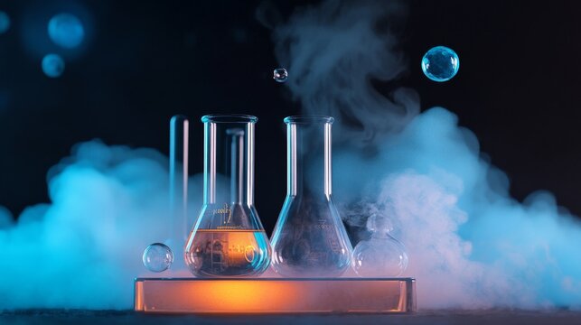 Colorful chemistry experiments with glass bubbles and smoke, symbolizing science, experimentation, discovery, liquid, and gas.