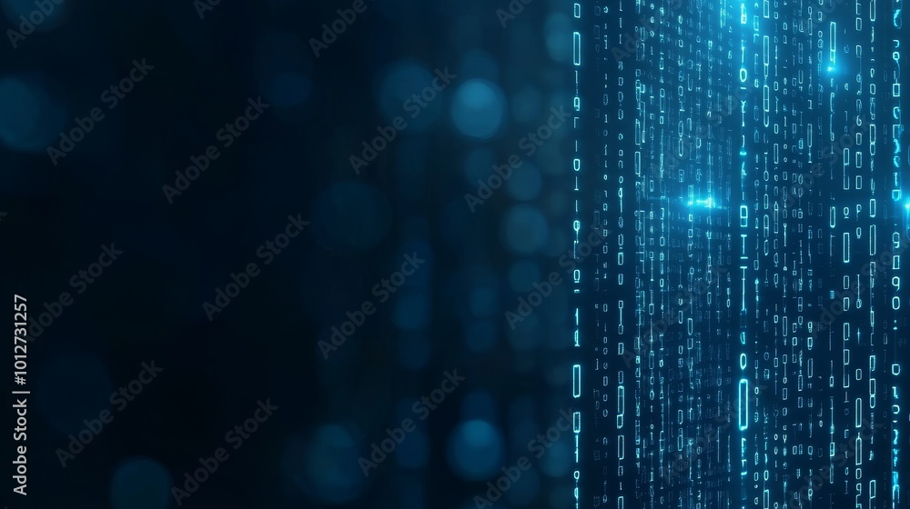 Poster digital binary code flowing on a blue screen, representing data, technology, code, programming, and 
