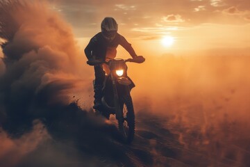 Motocross rider races through smokey track at sunset