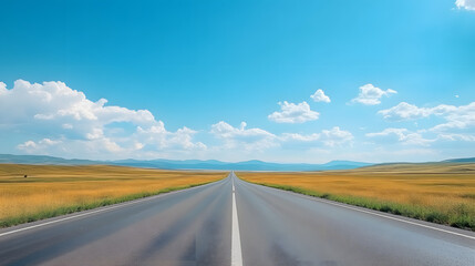 Fototapeta premium highway in the grassland background of blue sky and bright clouds, long road stretches into the distance. empty street on a beautiful sunny day