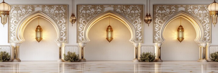Fototapeta premium Elegant Islamic archway with ornate details, featuring hanging lanterns, symbolizing faith, tradition, beauty, light, and spirituality.