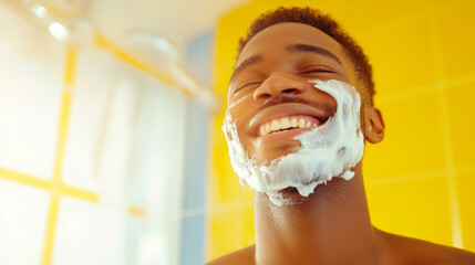 young man smiling joyfully while applying shaving cream in bright bathroom. cheerful atmosphere and vibrant colors enhance grooming experience