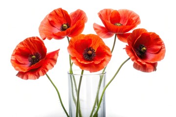 Four red delicate poppies in glass vase isolated on white background
