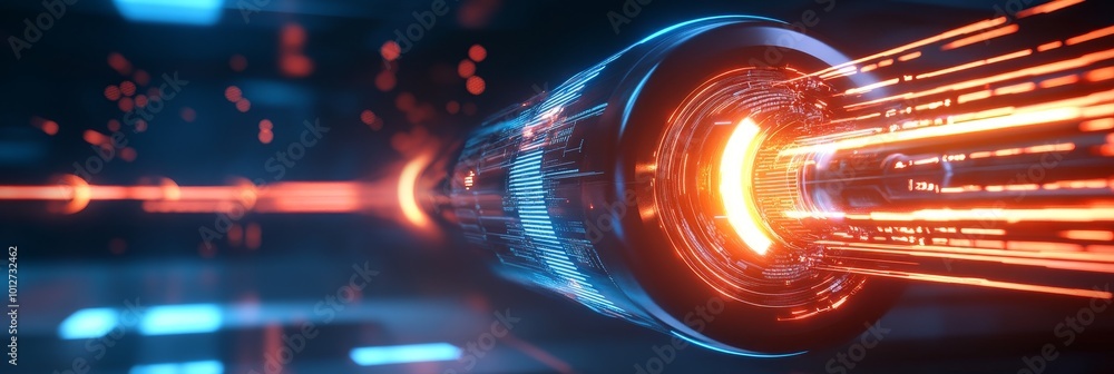 Poster high-speed data processing with glowing lines symbolizes fast data transfer, digital innovation, tec