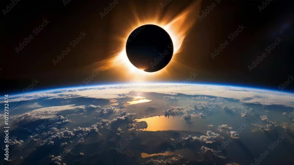 Wall mural a total solar eclipse as seen from space, with the earth's atmosphere and clouds in the foreground.