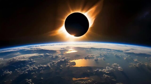 A total solar eclipse as seen from space, with the Earth's atmosphere and clouds in the foreground.