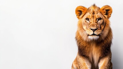 Fototapeta premium Majestic Young Lion: A Portrait of Strength and Grace. A young lion sits on a white background, its piercing gaze and regal posture commanding attention. This image embodies power, royalty, and wildli