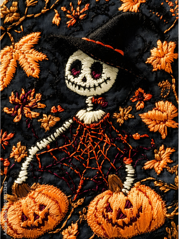 Sticker Embroidered shirt on the Halloween theme. Embroidery on fabric