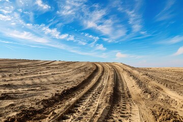 Naklejka premium Motocross track and auto racing track against a blue sky with wheel tracks in the sand