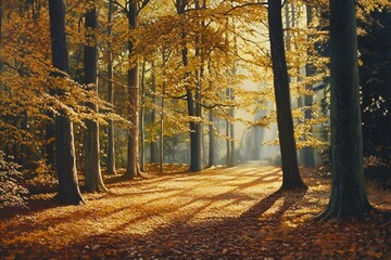 Fototapeta premium Serene autumn forest with golden leaves and soft sunlight.