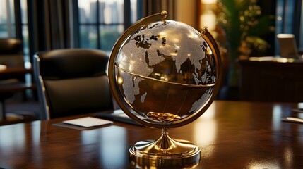 Rotating Golden Globe With Silver Continents in High End Office Setting
