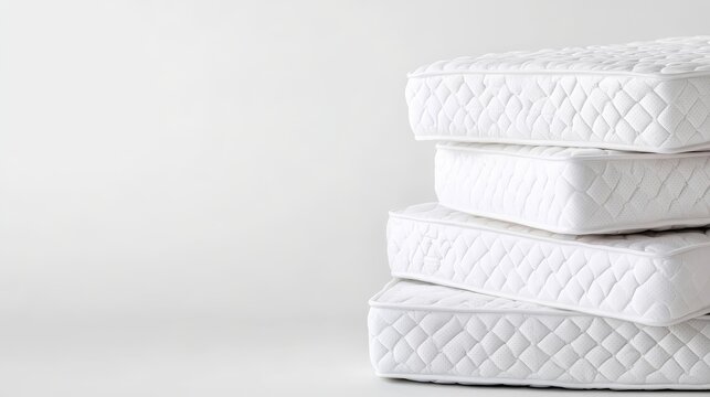 Stacked mattresses on a white background, representing a peaceful sleep, relaxation, comfort, and a fresh start.