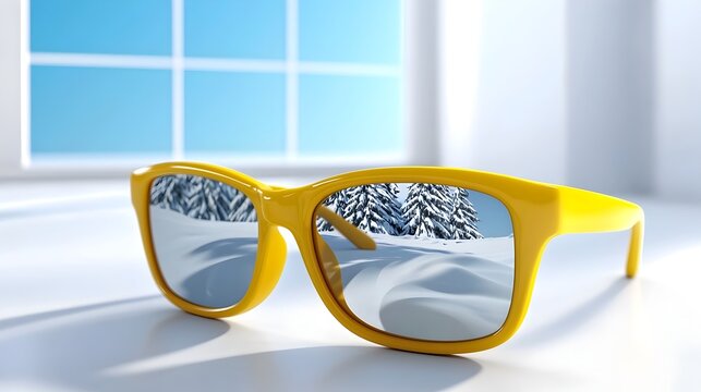 Yellow Sunglasses with Snowflex Reflection on White Background