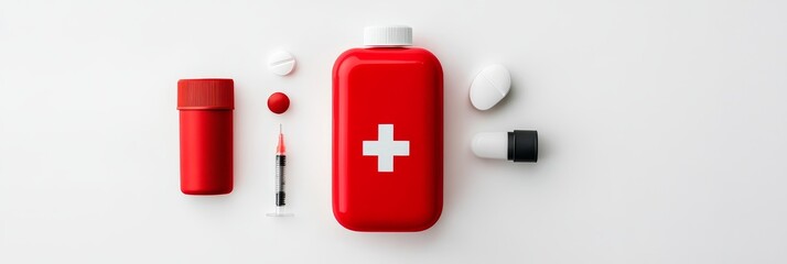 Top view of a red first aid kit, pills, bandages, and a syringe on a white background. This image symbolizes healthcare, safety, emergency preparedness, and medical supplies.