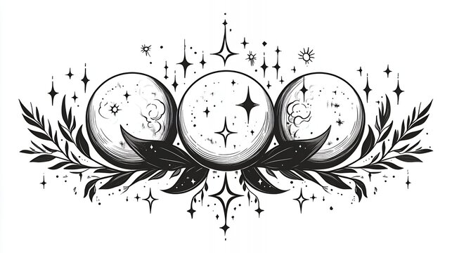 Triple moon phases with stars and leaves