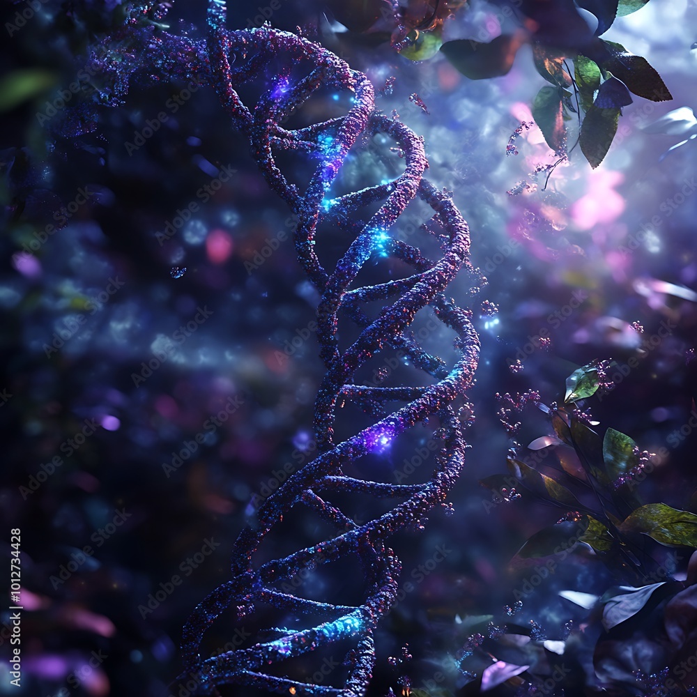 Poster a bright dna strand with neon tech patterns flowing around it.