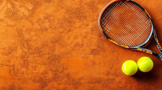 Two tennis rackets and two yellow tennis balls lie on a clay court, ready for a game. This image represents sport, competition, and the beauty of tennis. - Powered by Adobe