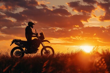 Obraz premium Motorcycle and rider silhouette in field at sunset enduro off road bike