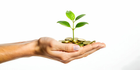 Flat Close-Up of a Seed Sprouting from a Coin: Symbolizing Growth and Sustainability in Finance - Macro Illustration on White Background