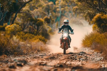Motorcycle racing for fitness competition and challenge on natural paths Athlete s adventure in Australia s off road track with helmets