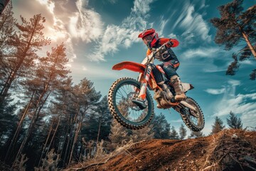 Naklejka premium Motorcycle rider flying through the air in motocross event Sport