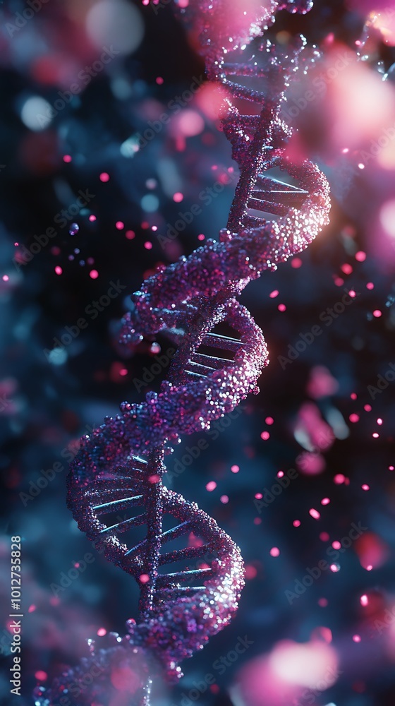 Poster a neon-lit dna strand connected to glowing high-tech circuits and codes.