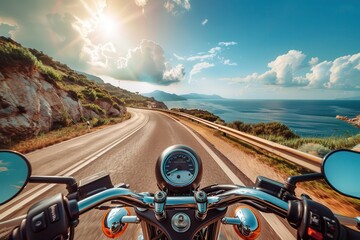 Motorcycle speeding on a coastal highway enjoying a solo ride Blank space for your text