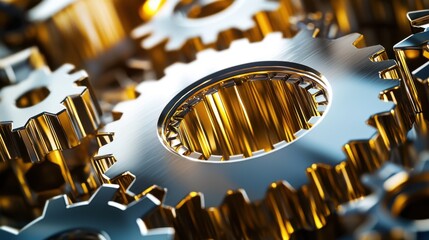 Close-up of interlocking metallic gears with a golden sheen
