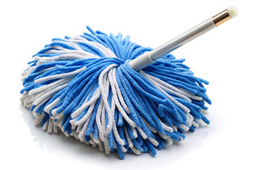 A blue and white dust mop with a fluffy head,isolated on white background