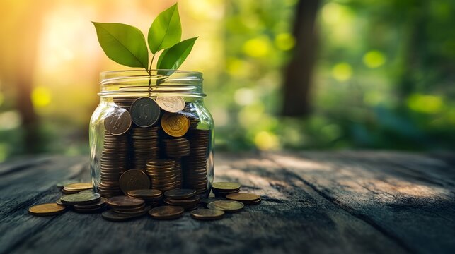 A jar filled with coins sits on a wooden surface, with a green plant sprouting from it, symbolizing financial growth and eco-friendliness.