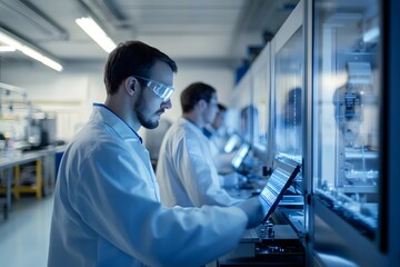 Obraz premium A lab scene featuring scientists in white coats using technology and equipment for research and experimentation.