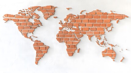 A brick-patterned world map on a white background, symbolizing construction and global interconnectedness.
