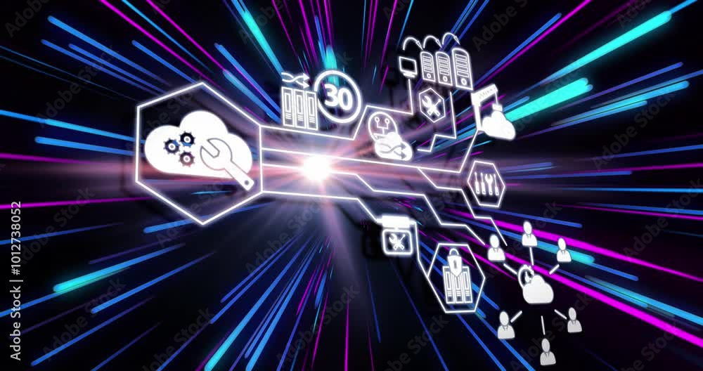 Poster animation of network of icons and data processing over light trails of data transfer