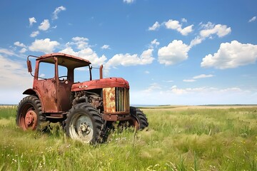 Old tractor in the field with blue sky and white clouds