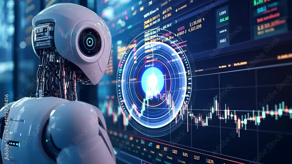 Poster a robot looks at a screen displaying financial charts and a circle graph