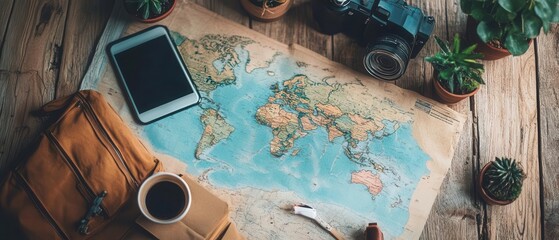 A beautifully arranged travel scene with a world map, smartphone, camera, and coffee cup on a wooden table.