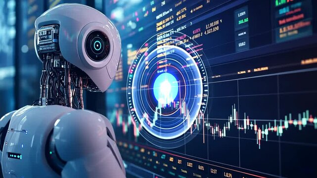 A robot looks at a screen displaying financial charts and a circle graph