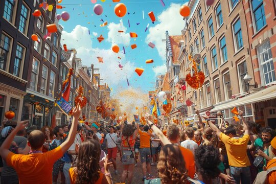 Joyful 3D render of a Dutch King’s Day street party with people dressed in orange, street performers, and festive decorations,  created by ai