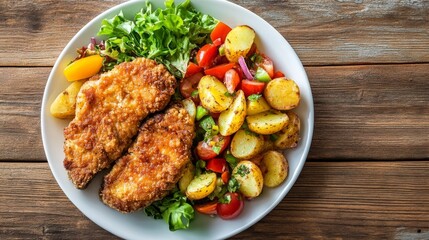 Fried pork, potato, veg salad.