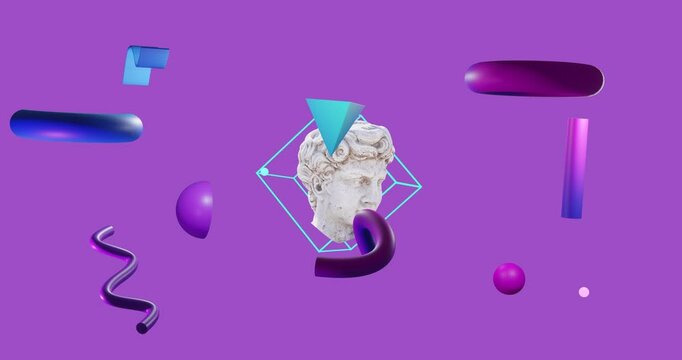 Animation of antique sculpture head over shapes on purple backgorund