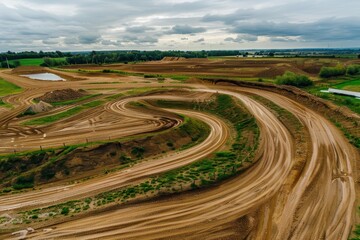 Fototapeta premium Motorsport event on dirt track aerial view on a summer day